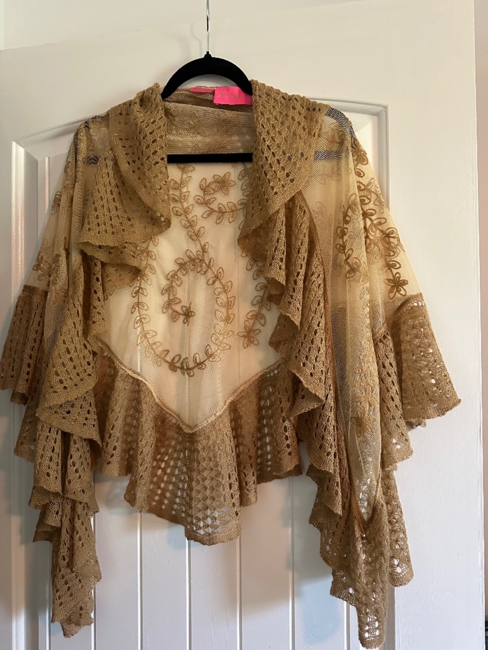 Betsy Johnson crocheted mesh shawl, tan/cream, one size fits all